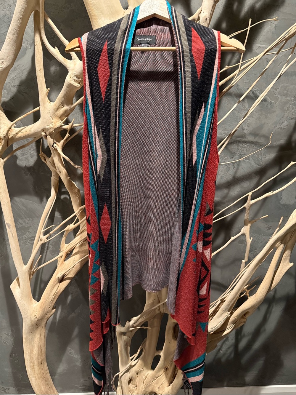 Charlie Paige Open-Front Aztec Knit Vest in Rust, Teal & Black